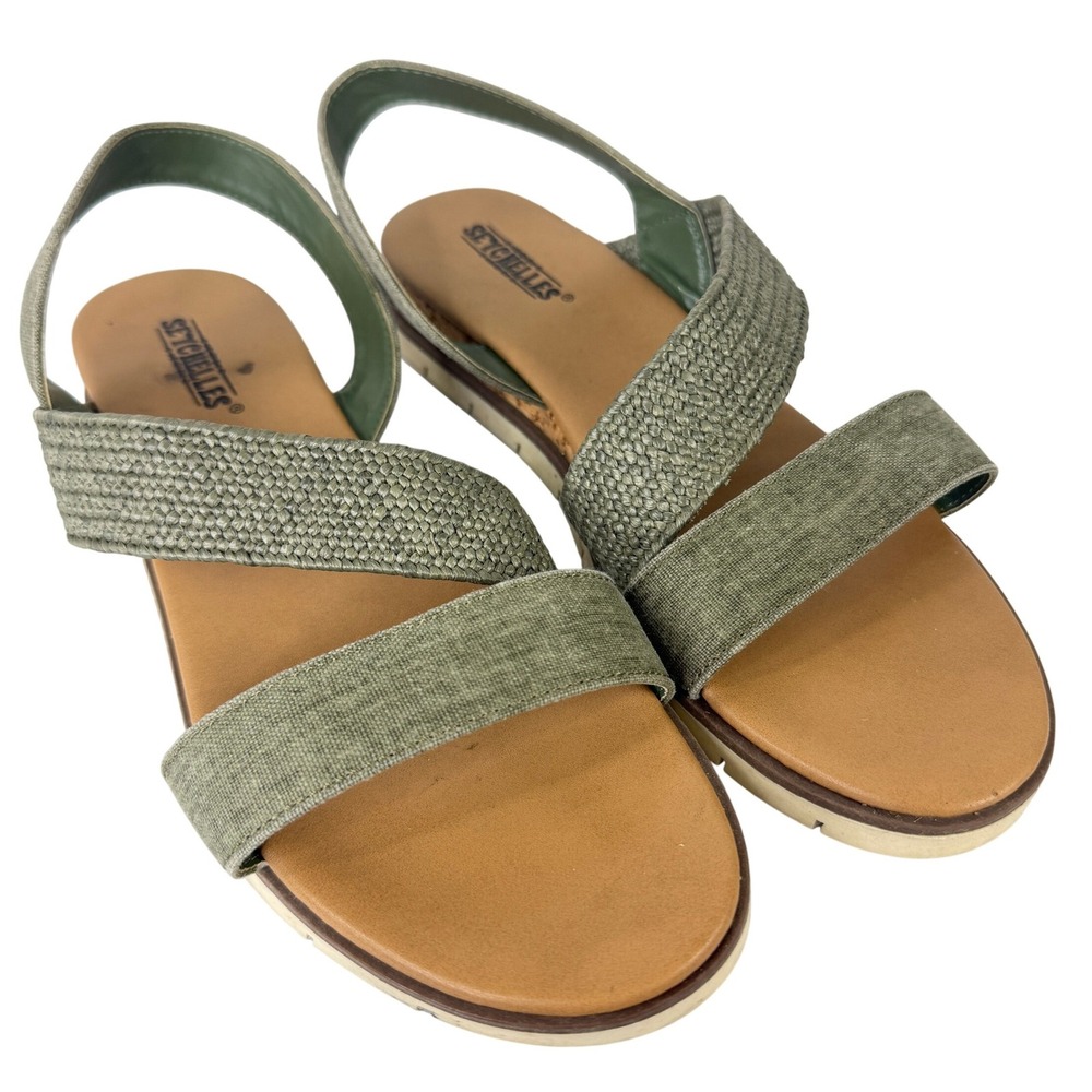 Seychelles Open Toe Wedge Sandals Green 8.5 Elastic Slingback Boho Summer Shoes